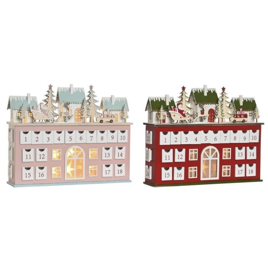 Kalendarz adwentowy LED 31x37,5x8,5 cm WILLA czerwony z domkami