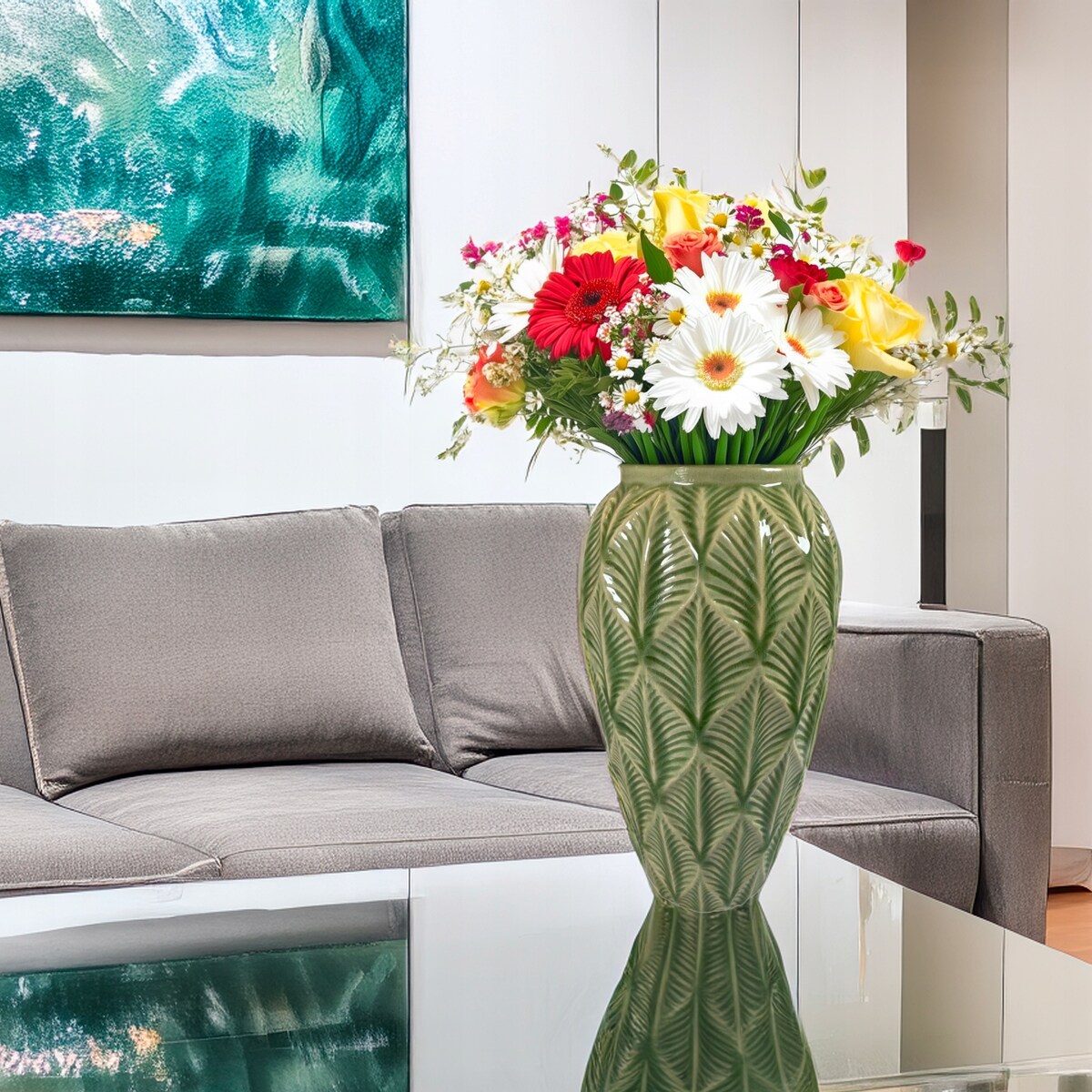 WAZON NA KWIATY ZIELONY CERAMICZNY skandynawski do salonu prezent 30cm