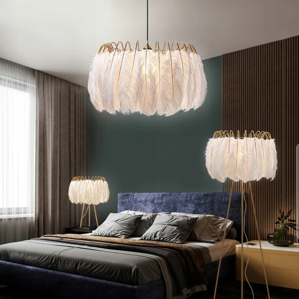Lampa Sufitowa Wisząca Z Piórami Boho App662 Złota