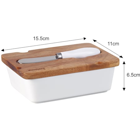 Porcelanowa maselniczka biała maselnica z nożykiem do masła pokrywka akacjowa KLAUSBERG