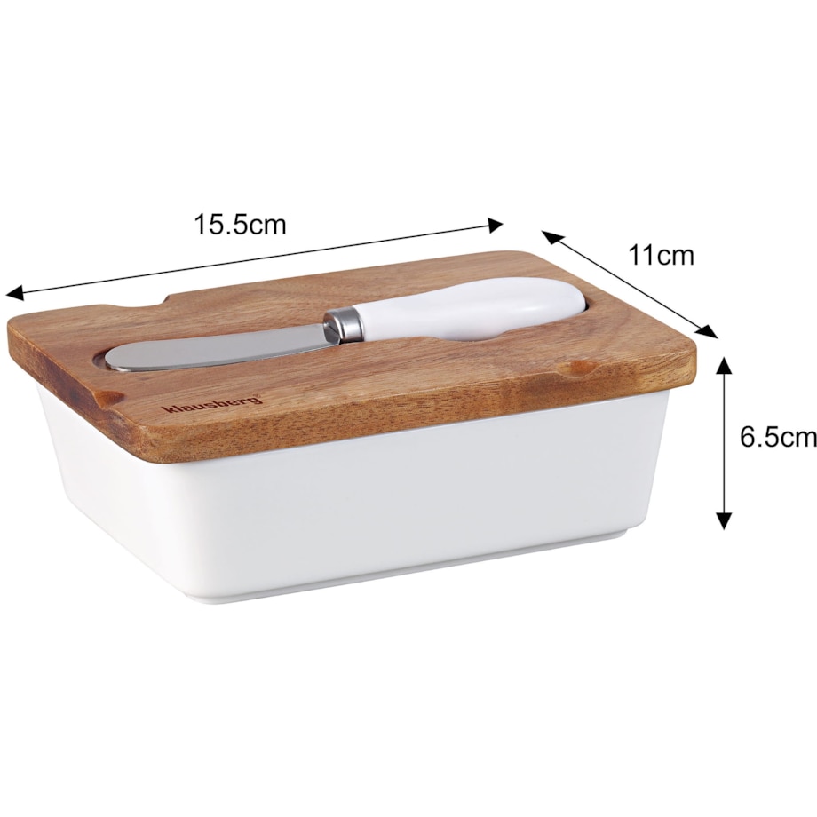 Porcelanowa maselniczka biała maselnica z nożykiem do masła pokrywka akacjowa KLAUSBERG