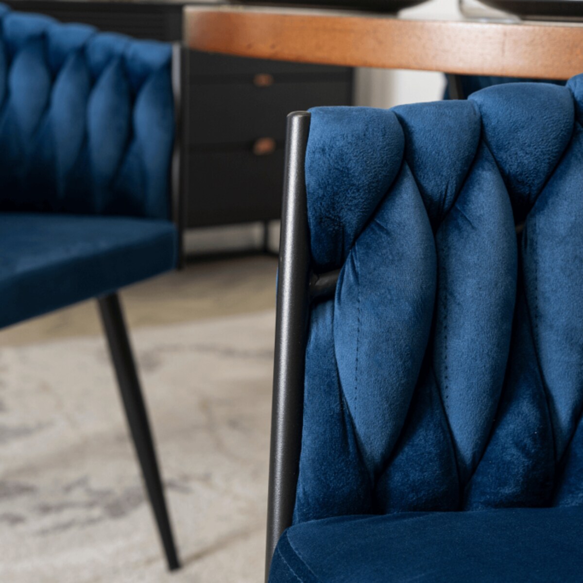 Krzesło Plecione Tapicerowane Loft Welurowe Do Salonu Jadalni Granat ELENA