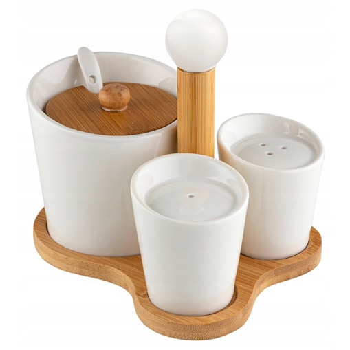 ZESTAW cukiernica solniczka pieprzniczka na bambusie podstawka prezent box