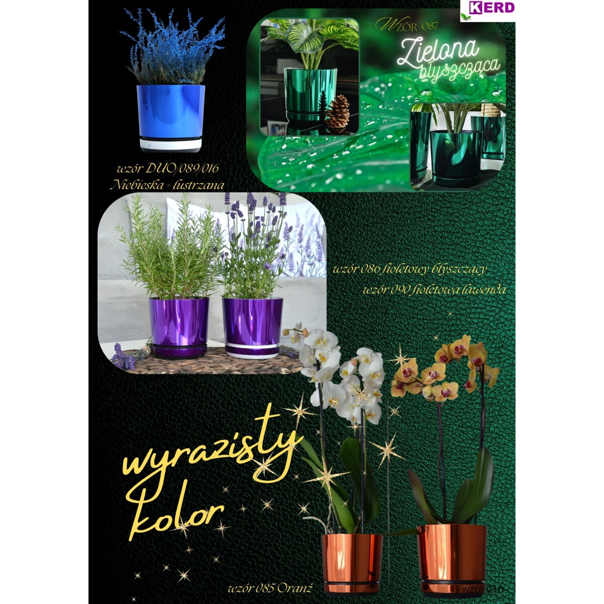 21 cm wzór FIOLETOWA LAWENDA Doniczka z podstawką wysoki połysk metaliczna wrzosy krokusy storczyk orchidea