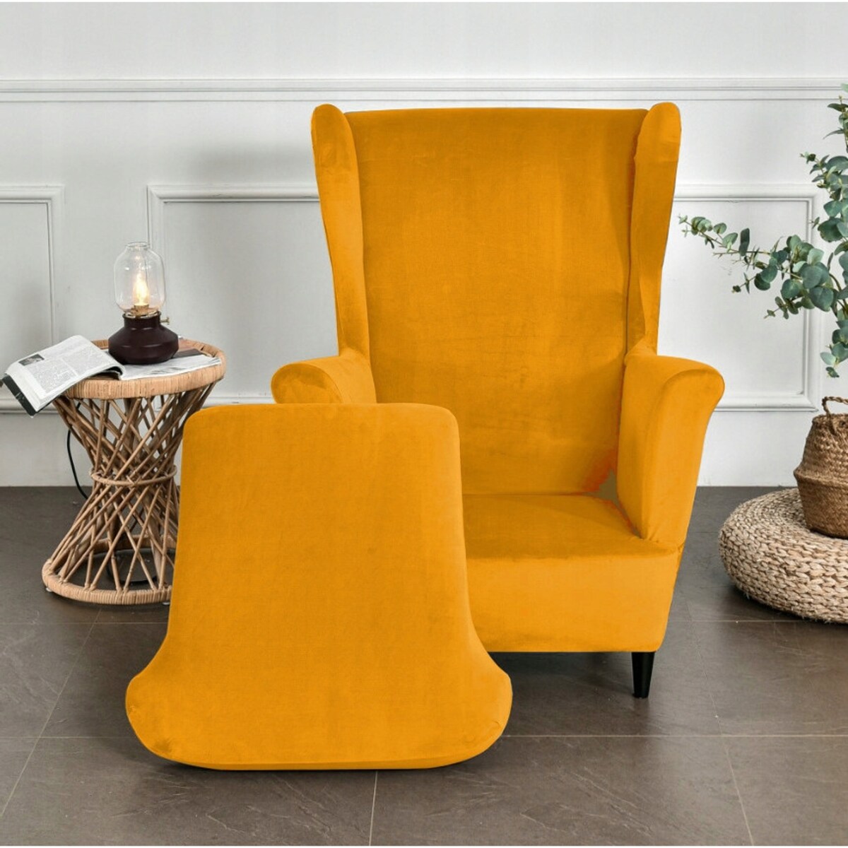 POKROWIEC NA FOTEL USZAK MUSZTARDOWY WELUR ELASTYCZNY [22E7]