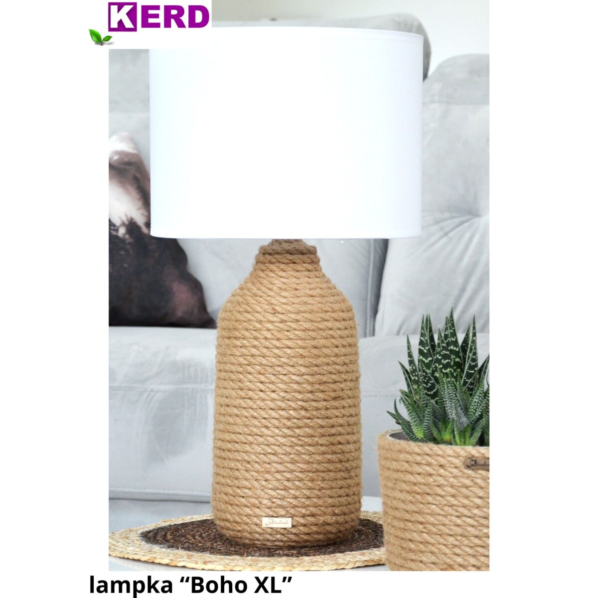 BOHO XL Lampka stołowa h 54 cm Boho naturalny sznurek jutowy pleciony * styl etno skandi skandynawski* lampka nocna biurkowa * BIAŁY abażur + juta