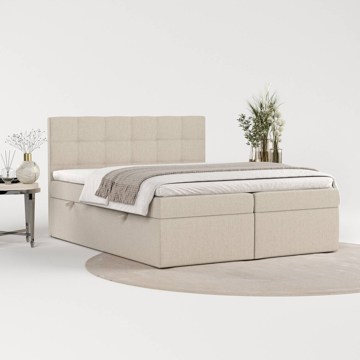 Łóżko tapicerowane LEAN 140x200 z pojemnikiem, Jasny Beż, tkanina Inari 22