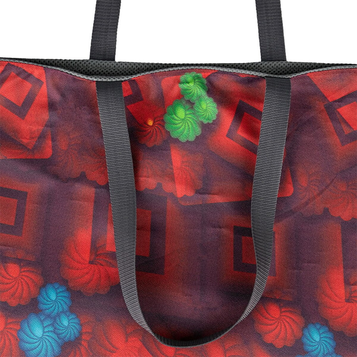 Torba na zakupy z okrągłym spodem, 58x48 szara środek czerwony wzór