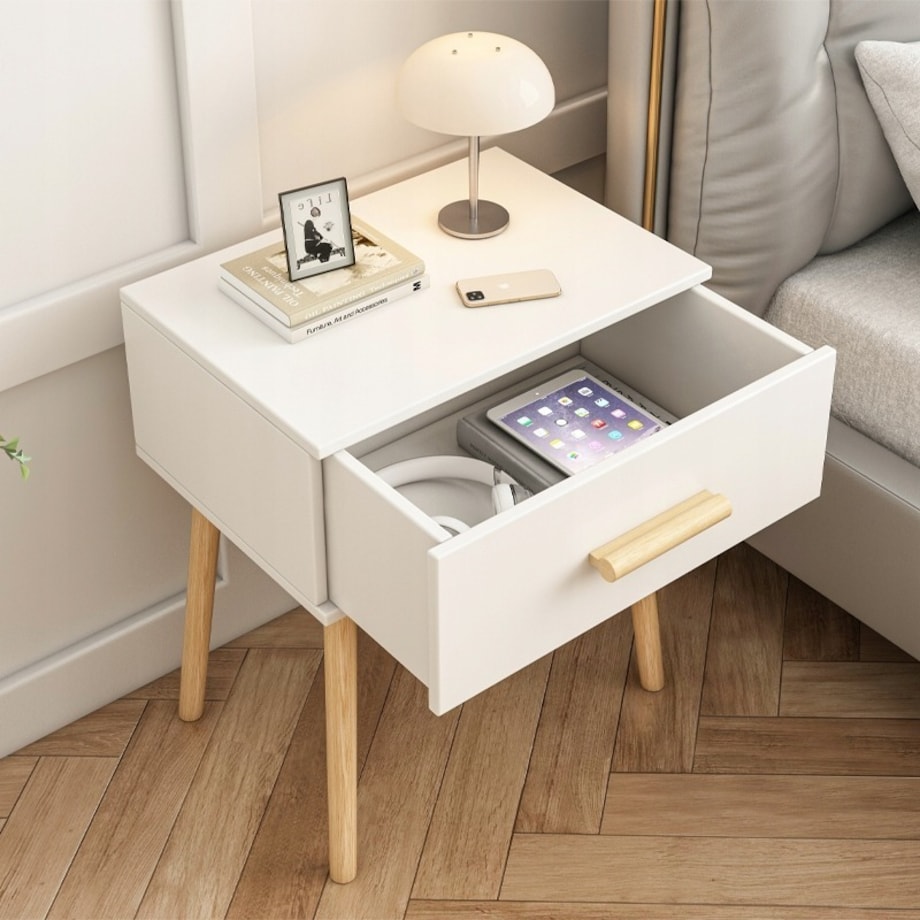 Szafka nocna biała stolik z szufladą skandynawski glamour sypialni loft