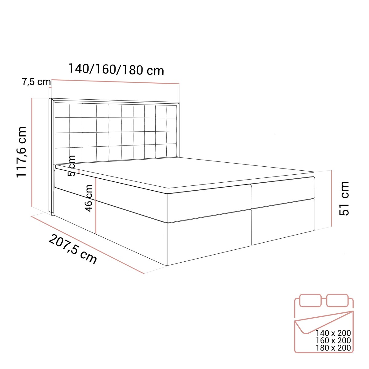 Łóżko kontynentalne ISADORA SILVER, pojemnik na pościel, 160x200, RV 185, topper