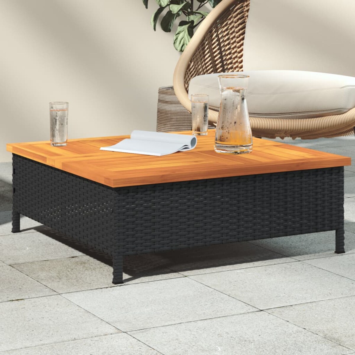 vidaXL Stolik ogrodowy, czarny, 70x70x25 cm, rattan i drewno akacjowe