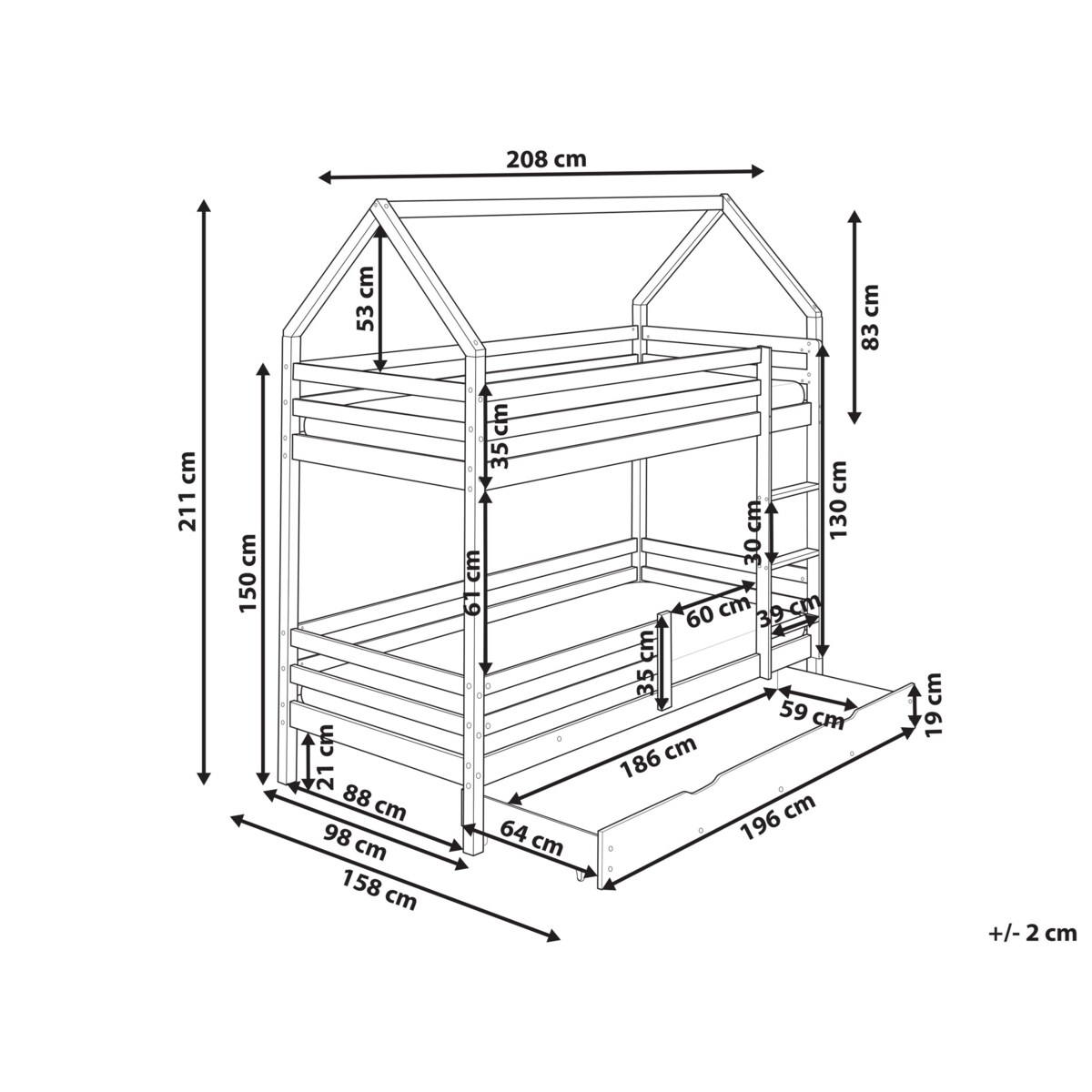 Łóżko piętrowe z szufladami Domek Drewno GIRGOLS 90 x 200 cm ze schowkiem Jasnobrązowy