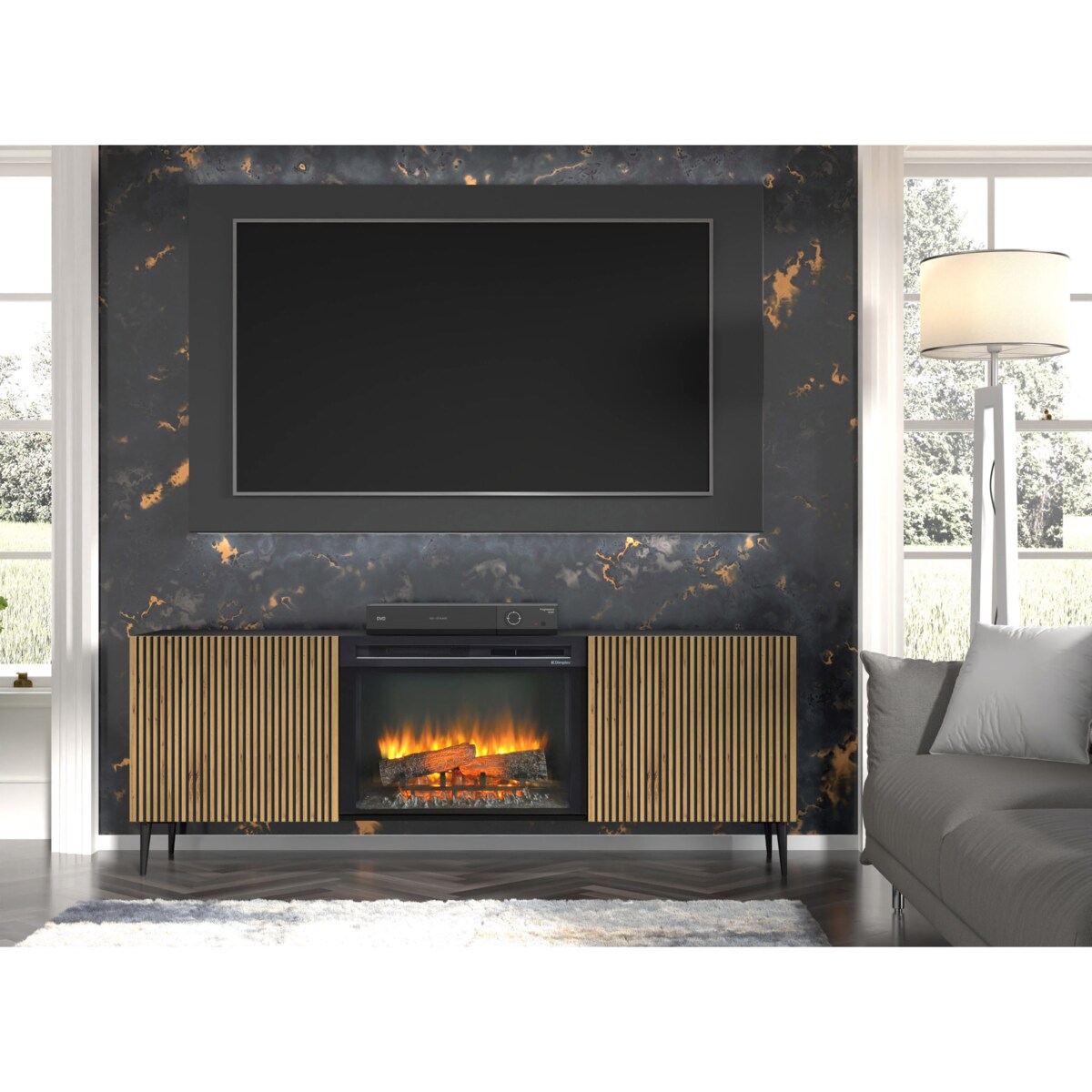 Szafka RTV RAVENNA F 177 cm z kominkiem 2D czarny // czarny artisan