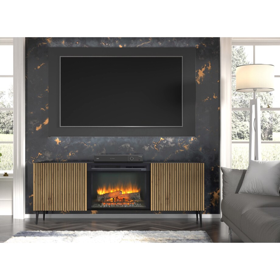 Szafka RTV RAVENNA F 177 cm z kominkiem 2D czarny // czarny artisan