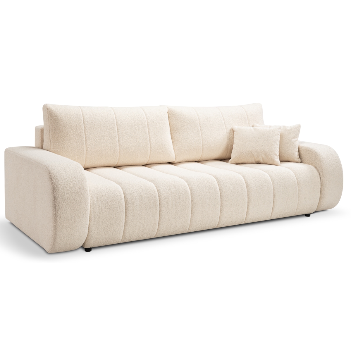 Sofa rozkładana ALOO obita tkaniną boucle z ozdobnymi poduszkami kremowa