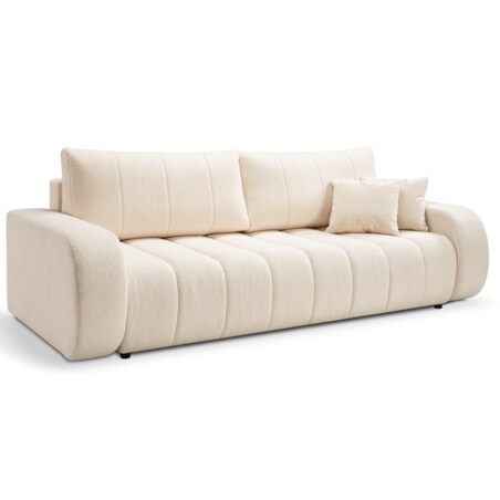 Sofa rozkładana ALOO obita tkaniną boucle z ozdobnymi poduszkami kremowa
