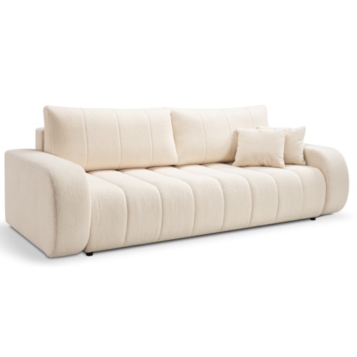 Sofa rozkładana ALOO obita tkaniną boucle z ozdobnymi poduszkami kremowa