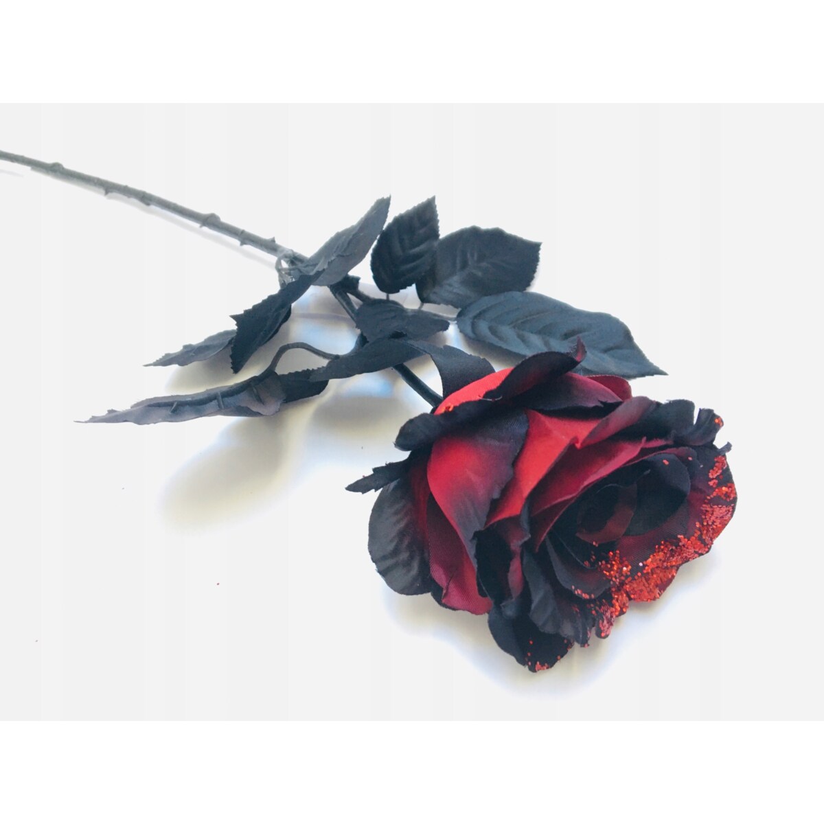 ŁODYGA RÓŻA Z BROKATEM czerwono czarna liść do flakonu wazonu święta 65cm