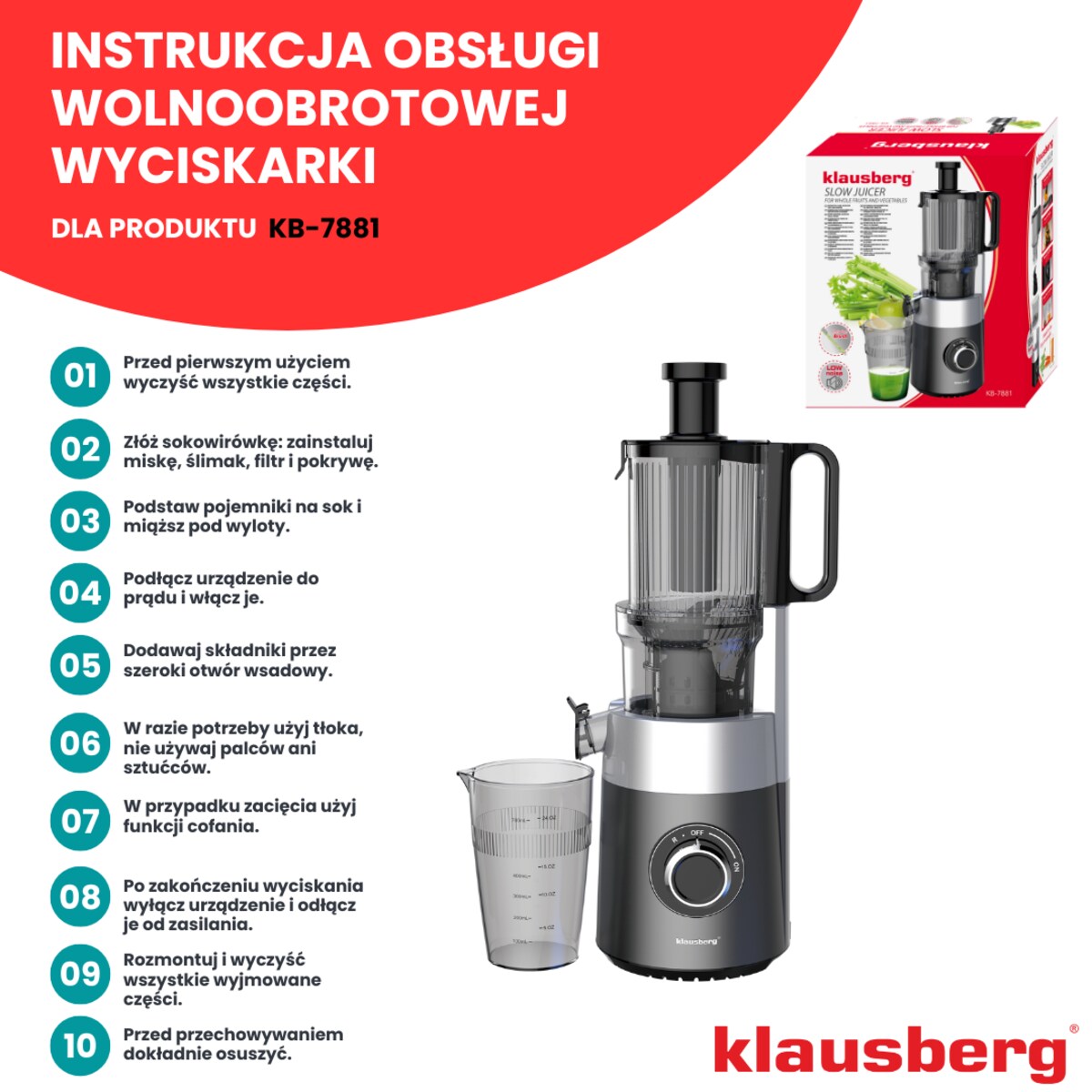 Sokowirówka wolnoobrotowa 180W do owoców i warzyw COLD PRESS KLAUSBERG KB-7881
