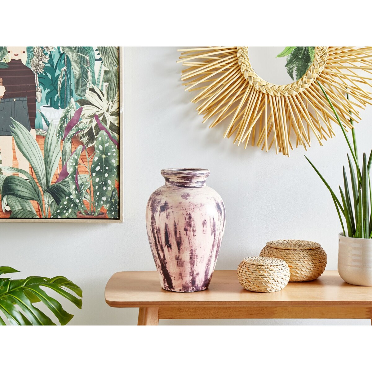 Wazon dekoracyjny z terakoty 34 cm fioletowo-beżowy AMATHUS