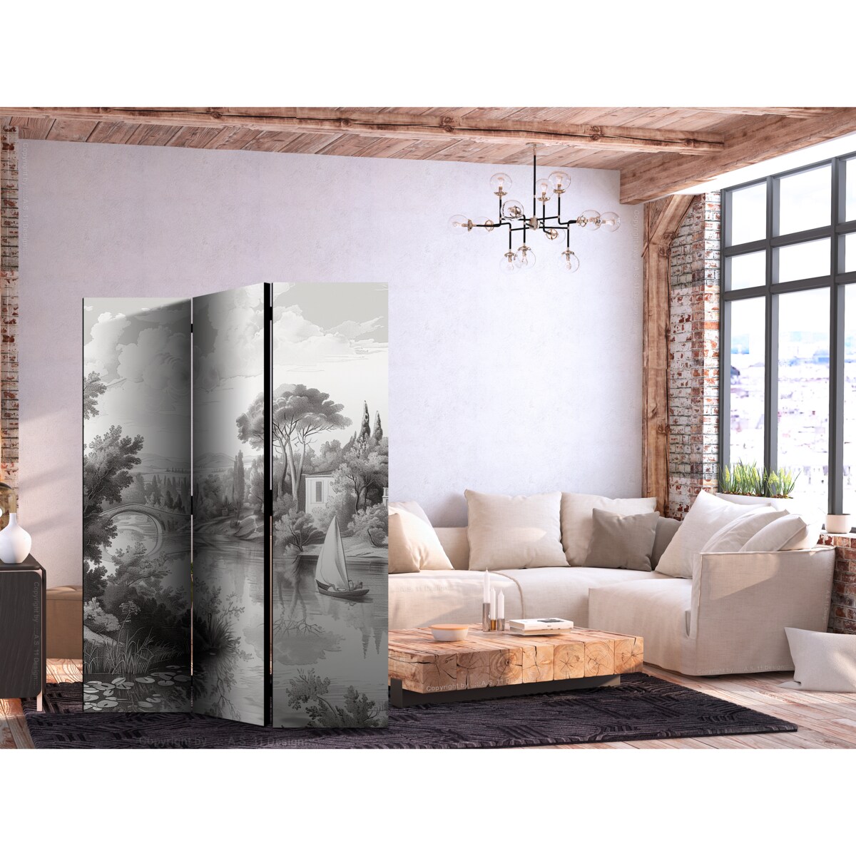 Parawan Akustyczny Czarno-Biały Pejzaż Vintage 135x172cm