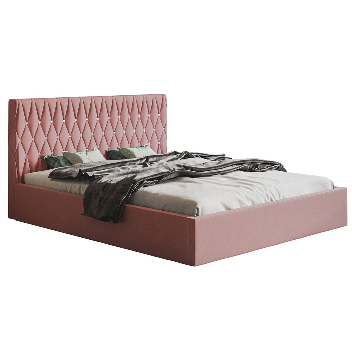 Łóżko sypialniane 160x200 z pojemnikiem, tapicerowane, pikowane- różowe