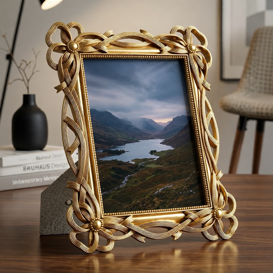Ramka na zdjęcia Knot, zdjęcie 15 x 20 cm, kolor złoty, żywica syntetyczna i szkło, rama 23,4 x 2,3 x 28,5 cm, styl glamour, Mauro Ferretti