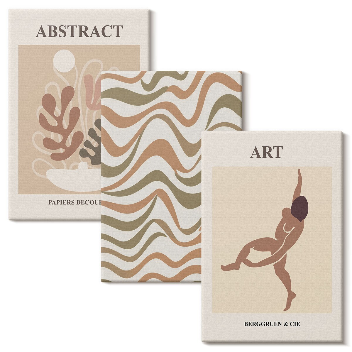 Zestaw 3 dużych obrazów na płótnie - Abstrakcyjne wzory Matisse boho - beżowy