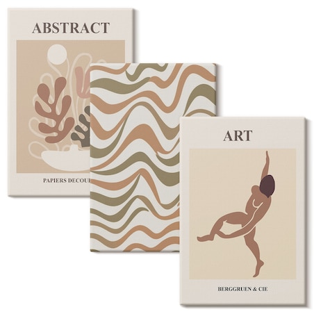 Zestaw 3 dużych obrazów na płótnie - Abstrakcyjne wzory Matisse boho - beżowy