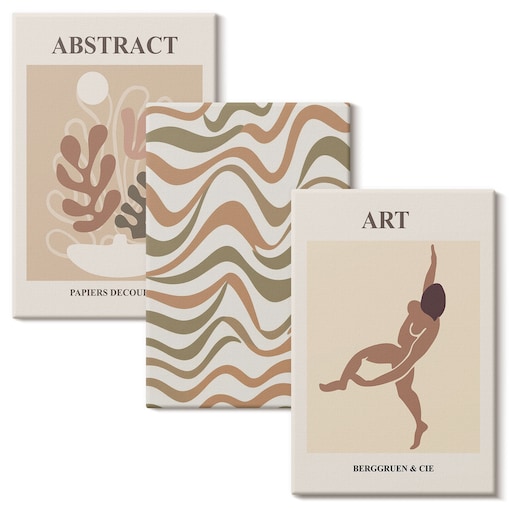 Zestaw 3 dużych obrazów na płótnie - Abstrakcyjne wzory Matisse boho - beżowy