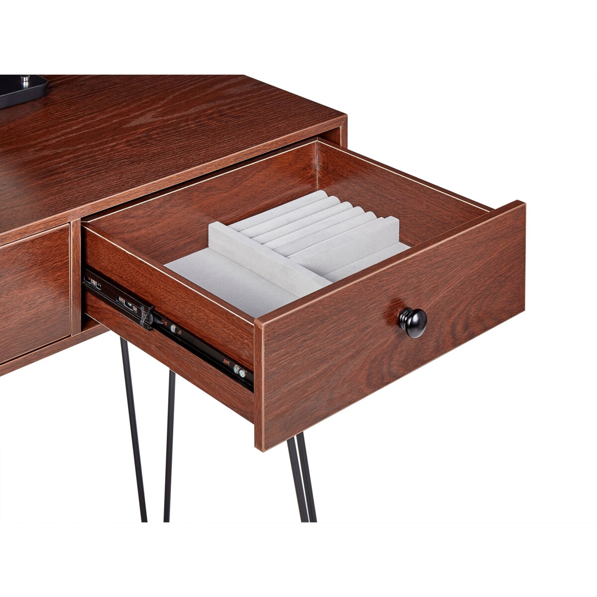 Toaletka 2 szuflady lustro LED ze stołkiem ciemne drewno z czarnym LOIX