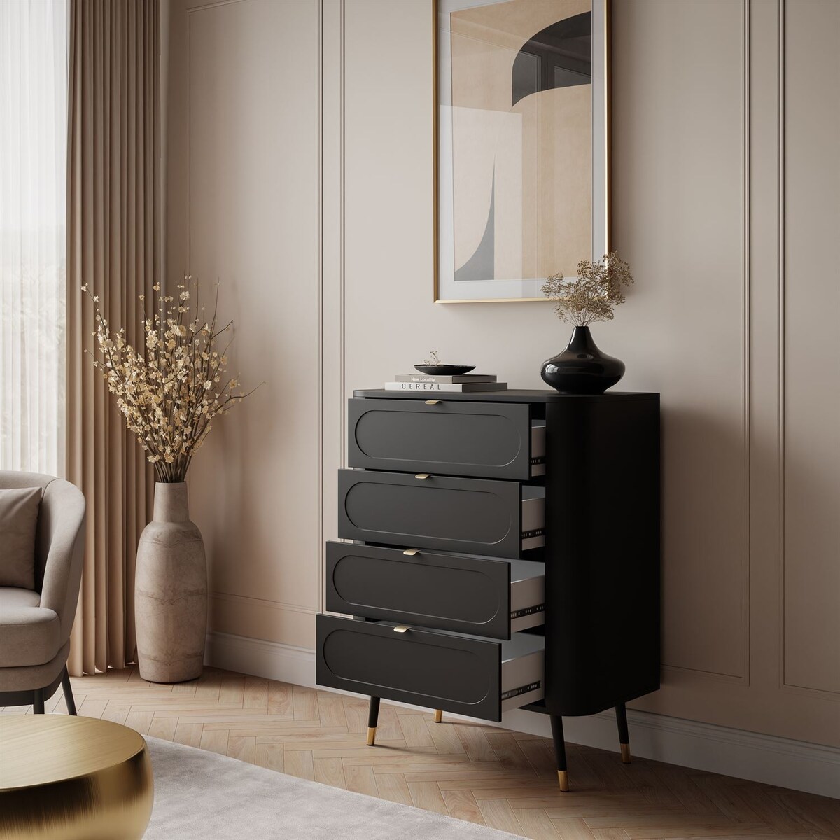 Komoda do sypialni 4S SHADOW z szufladami, czarna