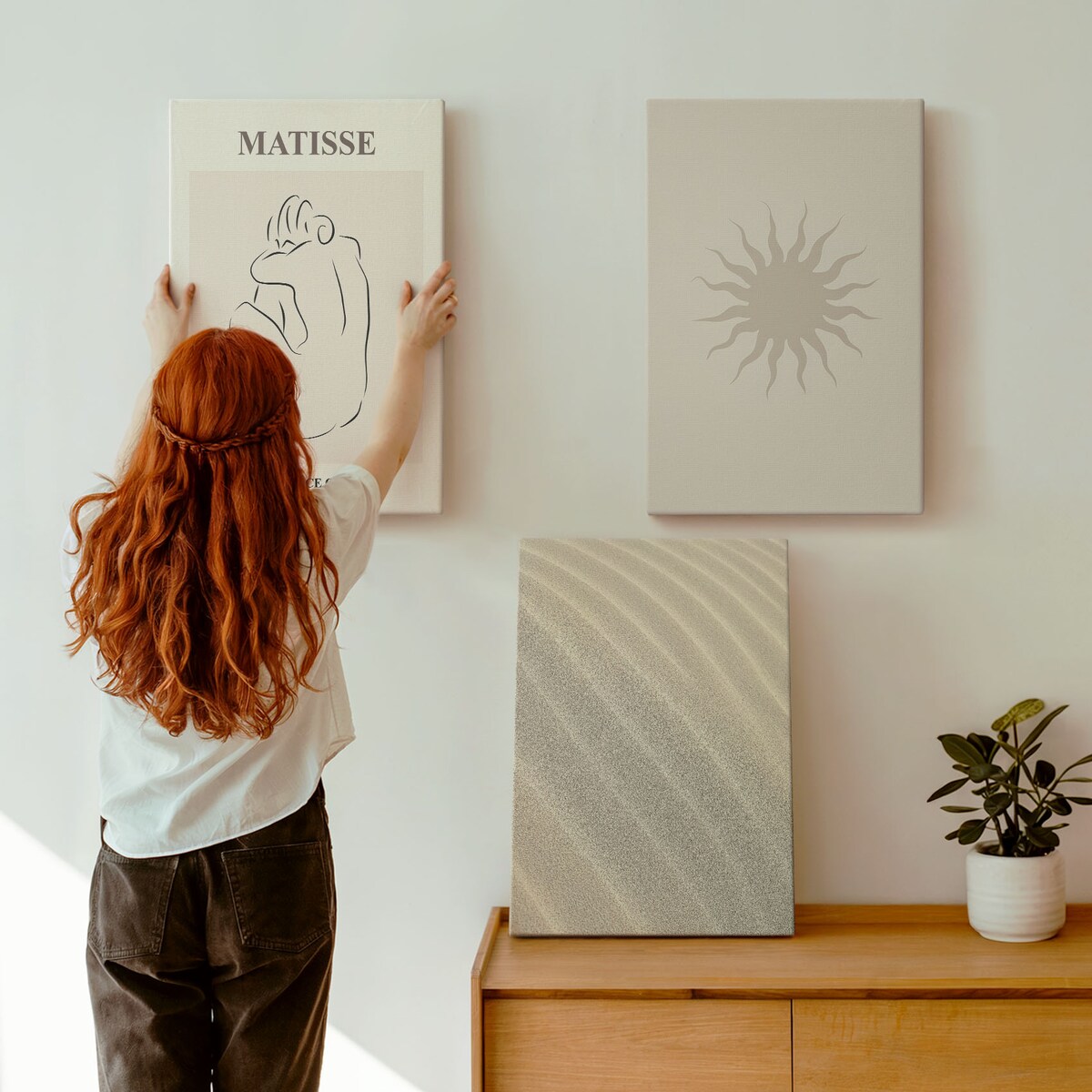 Zestaw 3 dużych obrazów na płótnie - Minimalistyczne linie piasku słońce - beżowy