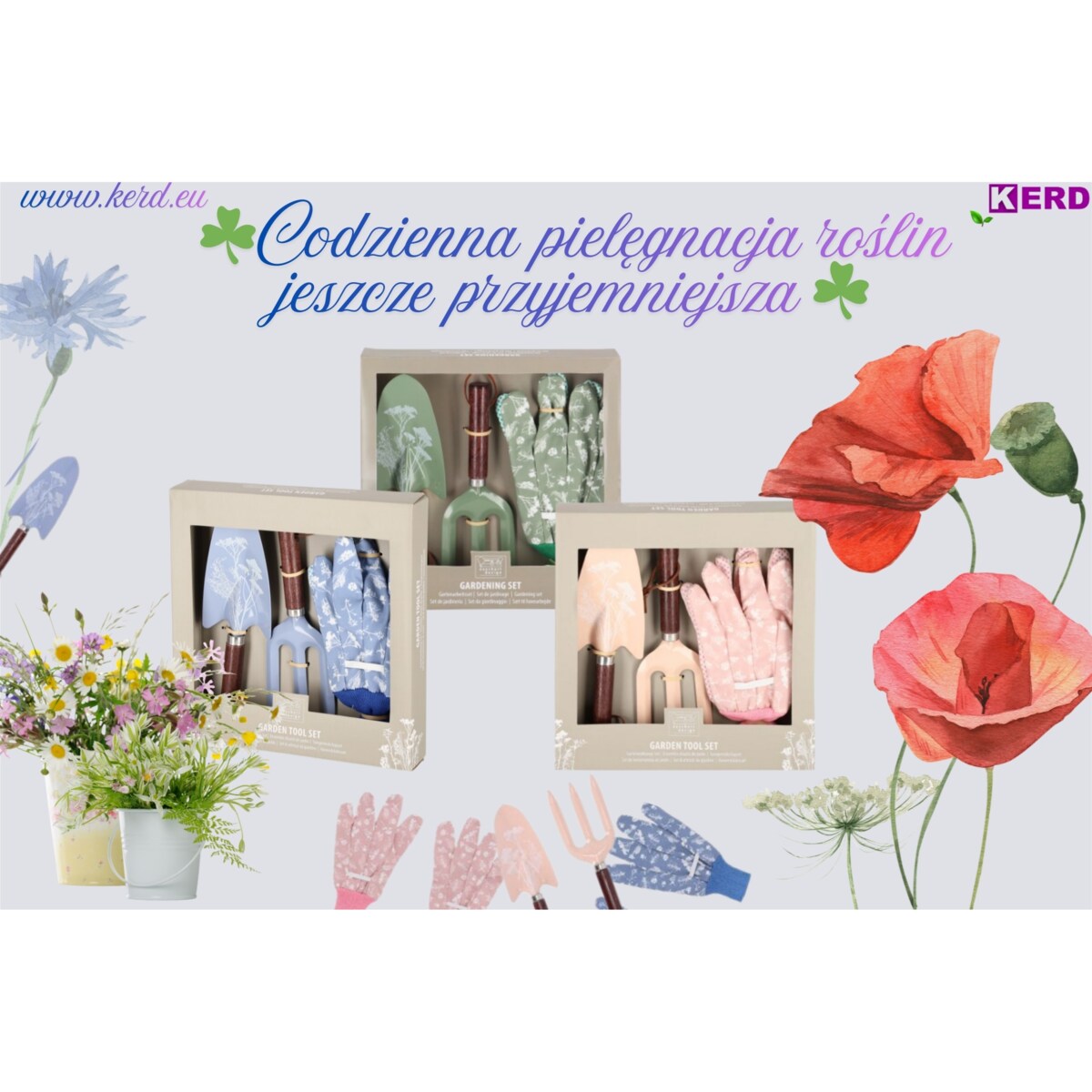 ZESTAW NARZĘDZI OGRODNICZYCH łopatka grabki rękawiczki kolorowe zioła łąkowe PREMIUM Eschert Design