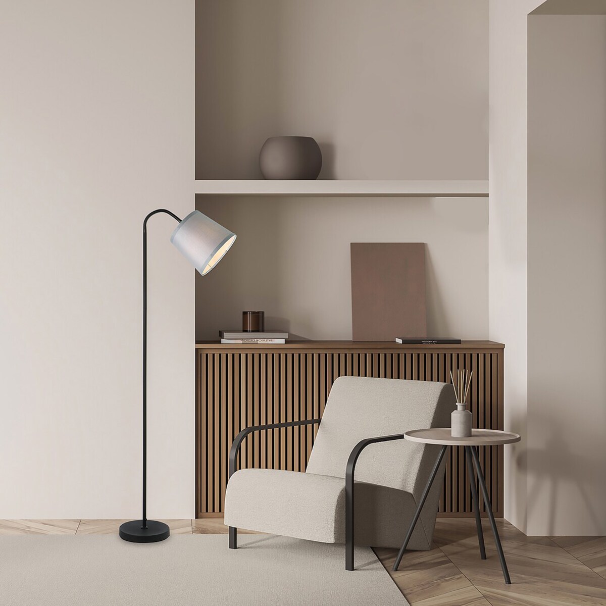 Sypialniana lampa stojąca Godric 6639 abażurowa na peszlu szara