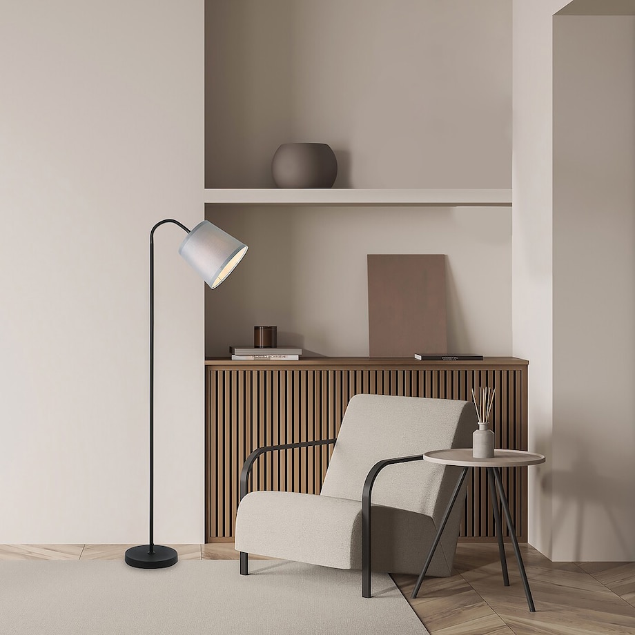 Sypialniana lampa stojąca Godric 6639 abażurowa na peszlu szara