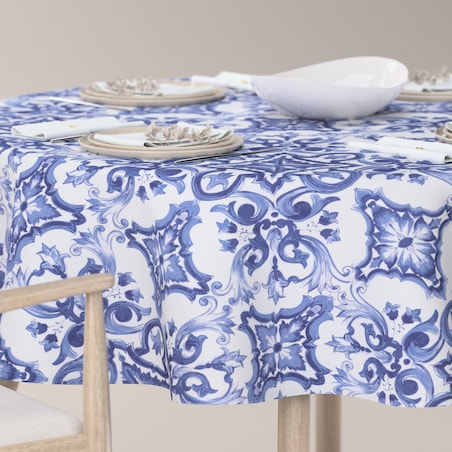 Obrus okrągły 160 x 160 cm niebieskie wzory na białym tle