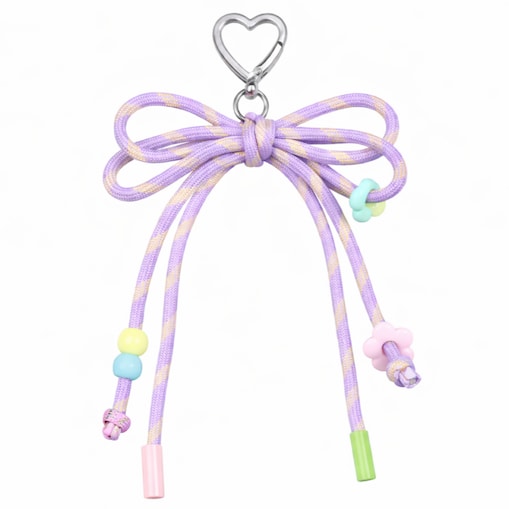 Brelok do kluczy, sznurkowa kokardka, koraliki, fiolet w paski BRL406FIO