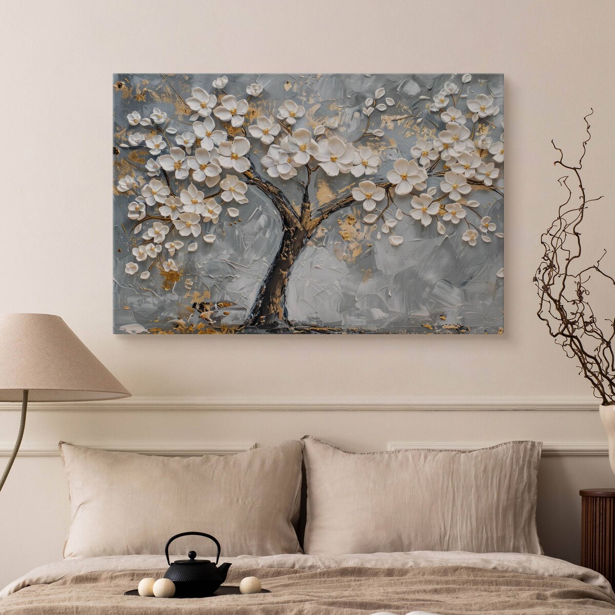 Obraz Na Płótnie Do Salonu Sypialni Białe Kwiaty Beton Abstrakcja 120x80cm