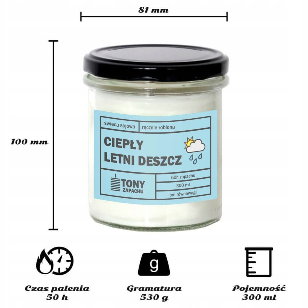 Naturalna ręcznie robiona świeca sojowa zapachowa w szkle CIEPŁY LETNI DESZCZ 50h palenia 300ml - prezent upominek dla kobiety mamy dziewczyny żony babci niej