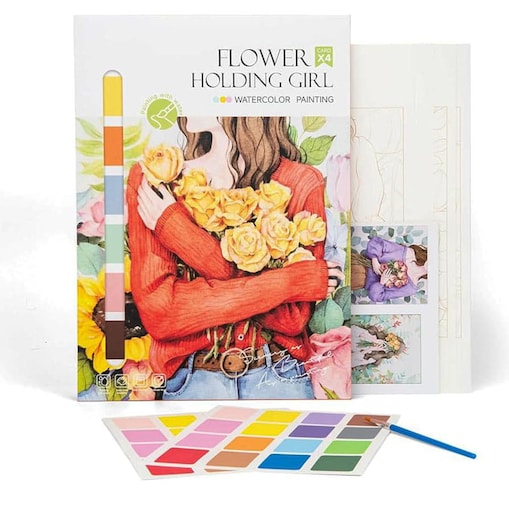 Malowanie akwarelą - Dziewczyna z kwiatami - 4 elementy