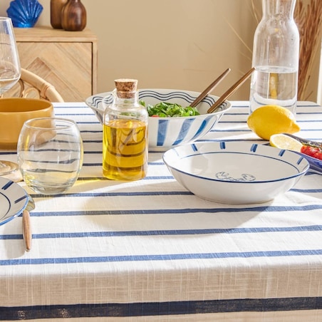 Obrus bawełniany, biały w granatowe pasy, 140x240 cm, Oceania