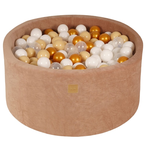 MeowBaby® Velvet Beżowy Okrągły Suchy Basen 90x40cm dla Dziecka, piłki: Złoty/Beż/Biały/Transparent