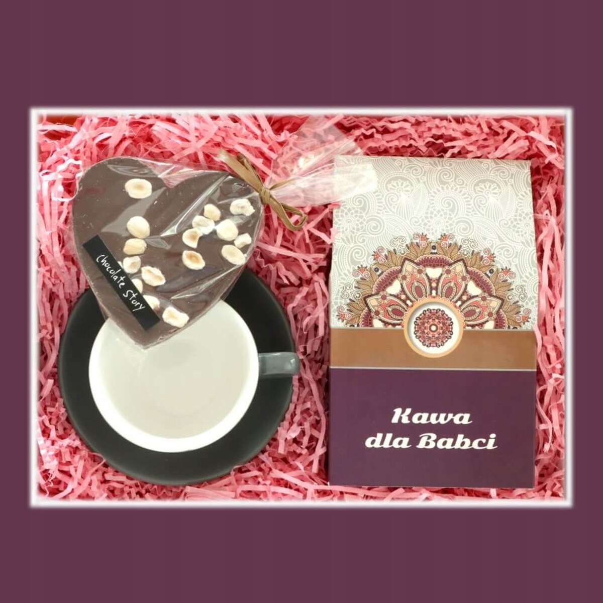 Klasyczny Duży kawowy ZESTAW BOX z czekoladowym sercem DLA BABCI PREZENT
