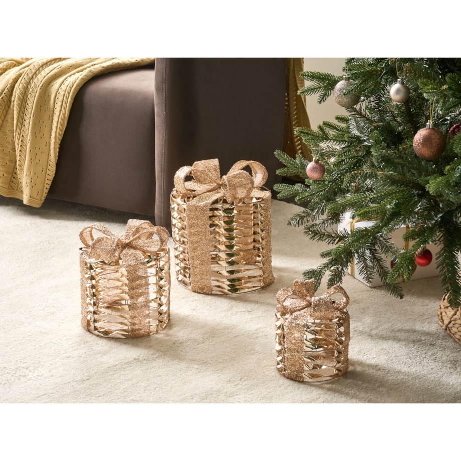 Zestaw 3 dekoracji LED Prezenty świąteczne złote SLIVSO