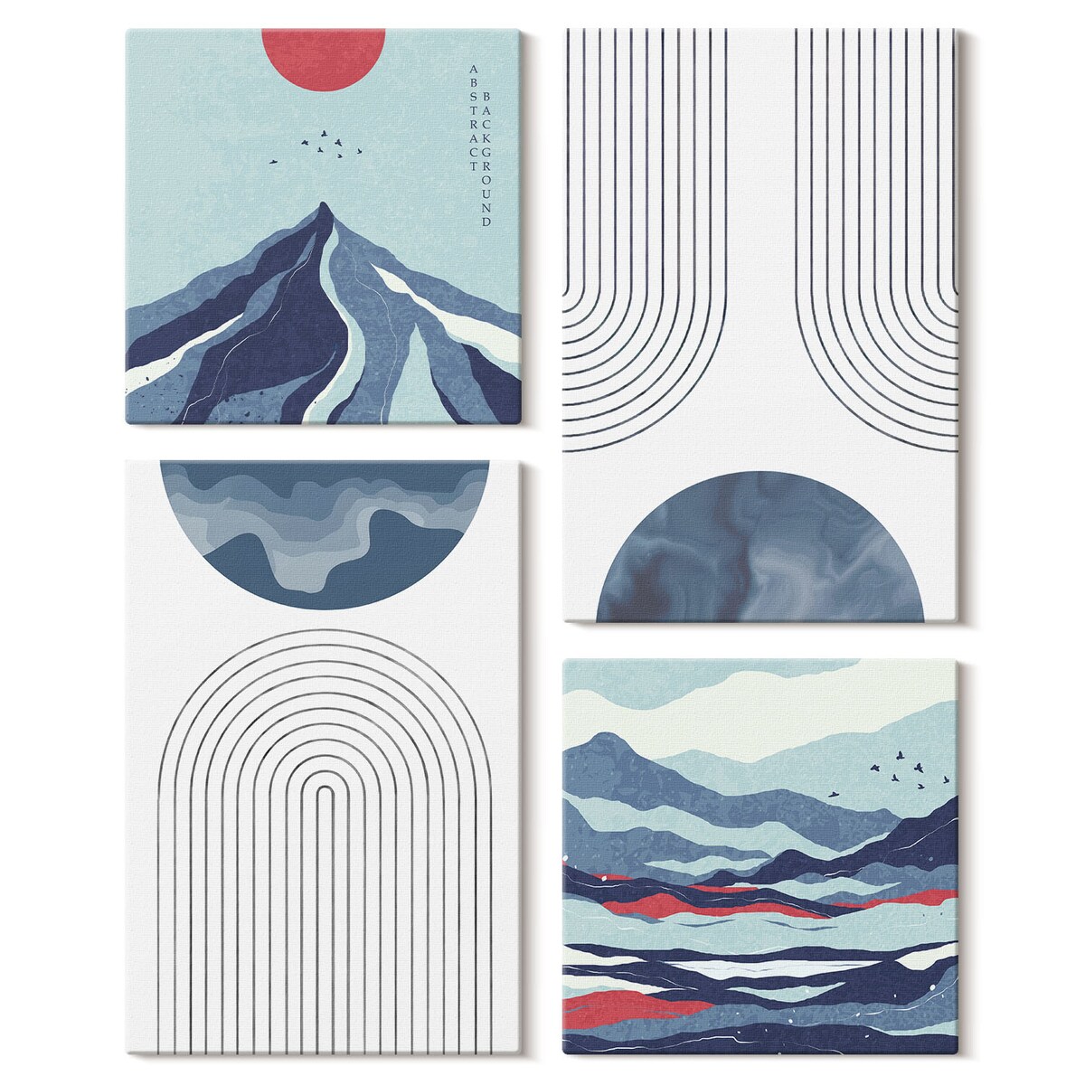 Zestaw 4 obrazów na płótnie - Abstrakcyjne górskie pejzaże boho - niebieski