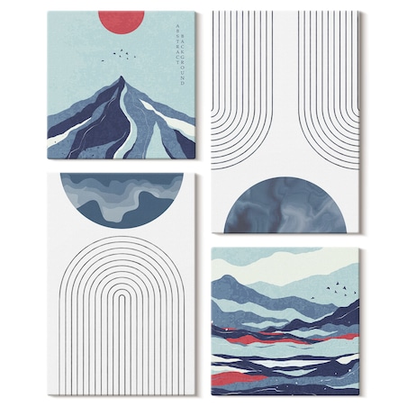 Zestaw 4 obrazów na płótnie - Abstrakcyjne górskie pejzaże boho - niebieski