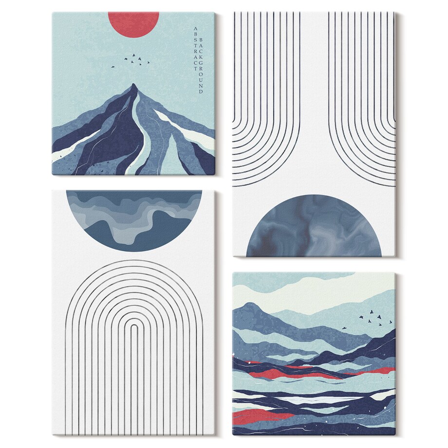 Zestaw 4 obrazów na płótnie - Abstrakcyjne górskie pejzaże boho - niebieski