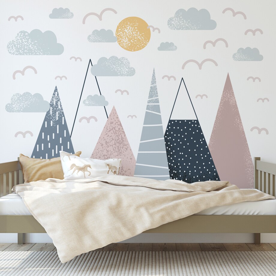 NAKLEJKI NA ŚCIANĘ DLA DZIECI RÓŻOWE GÓRY PTAKI SŁOŃCE CHMURY ZESTAW