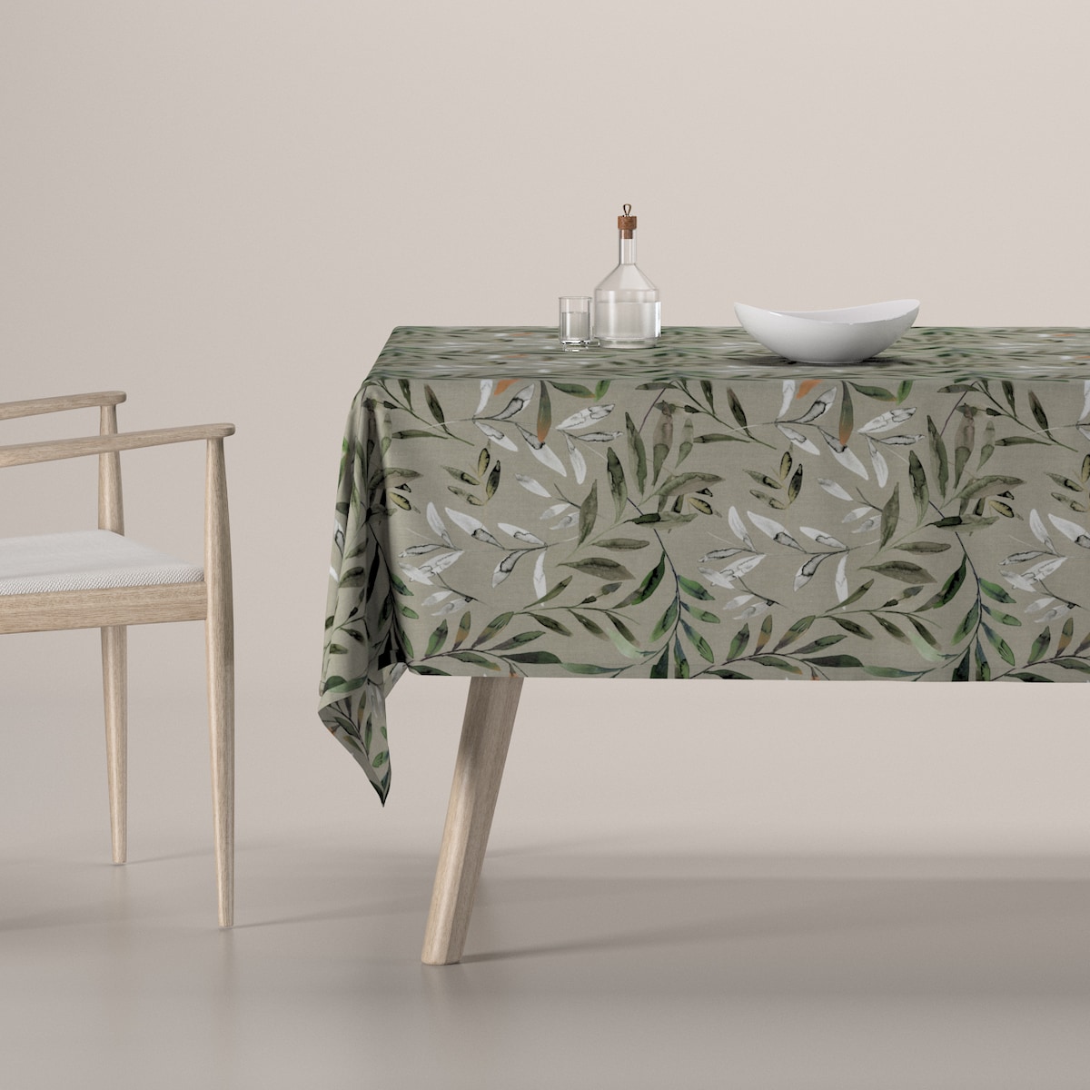 Obrus prostokątny 100 x 100 cm zielone gałązki na szarym tle